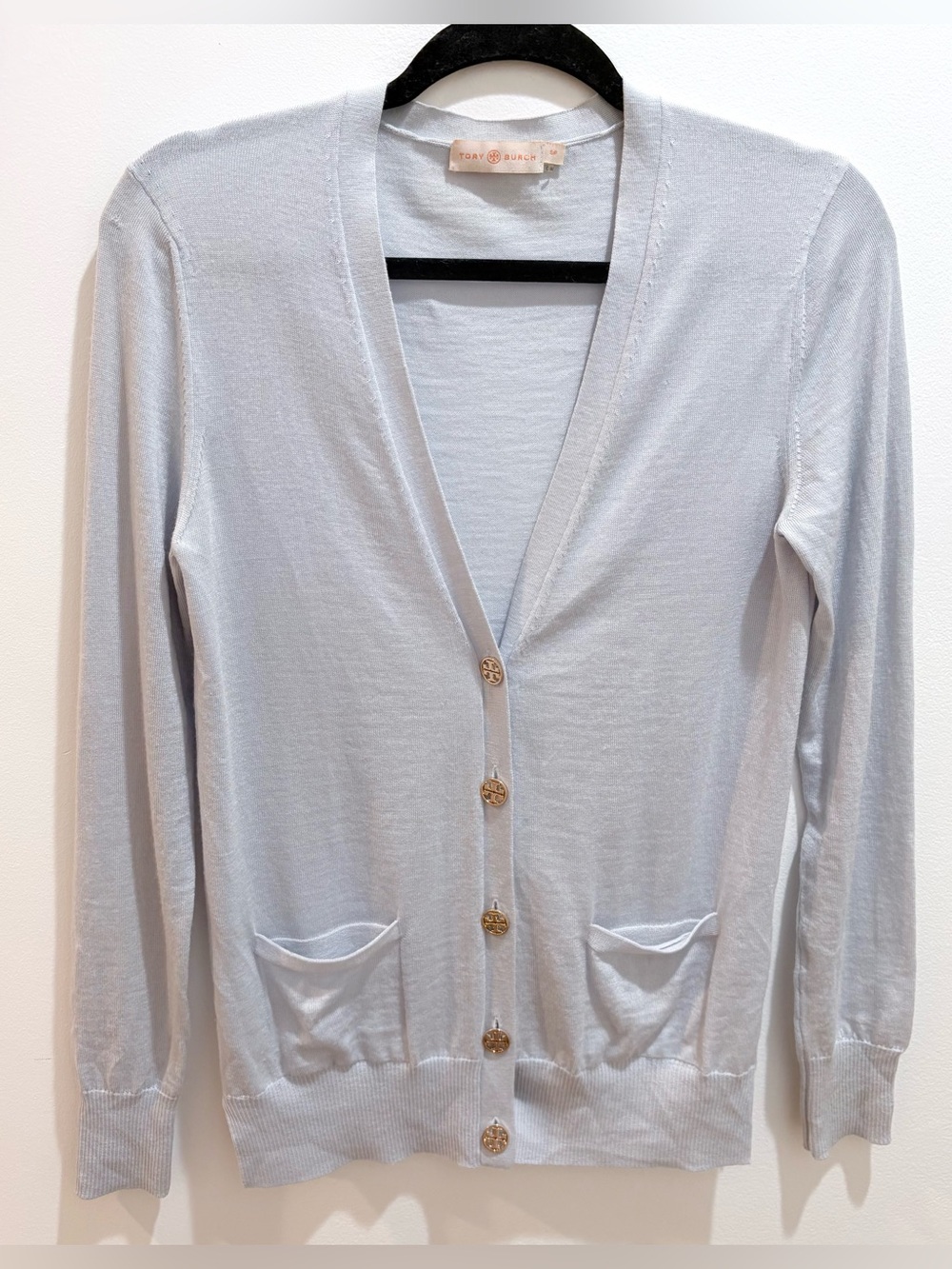 Tory Burch Women's Small 100% Merino Wool Pale Blue Logo Button Sweater (FLAW)